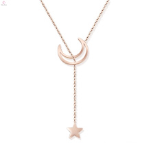 Girl Rose Gold Stainless Steel Star Moon Lariat Necklace